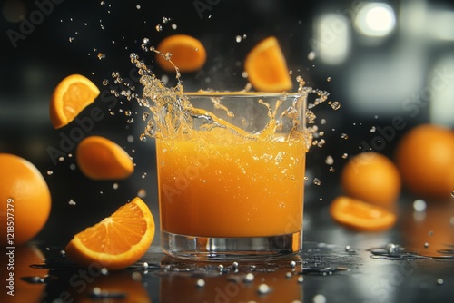 Obraz na płótnie Bright and vibrant, freshly squeezed orange juice cascades delightfully, adorned with stunning slices of citrus artfully arranged around the glass w salonie