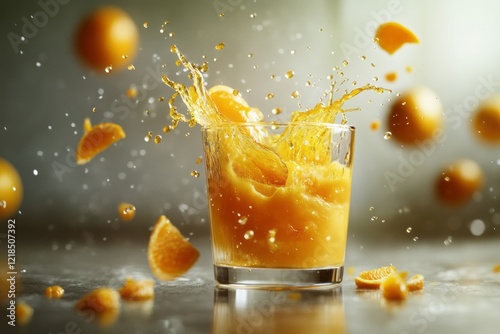 Obraz na płótnie Fresh orange juice splashing from a glass with segments and droplets flying in a bright kitchen environment w salonie