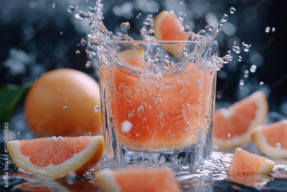 Refreshing citrus drink splashes joy while grapefruit slices surround a glass in a vibrant display of freshness and flavor