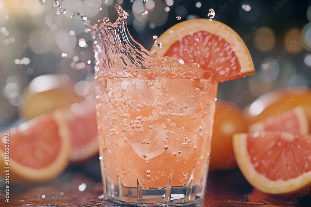 On a bright summer day, enjoy a refreshing citrus beverage that features a delightful splash of grapefruit, served in a chilled glass