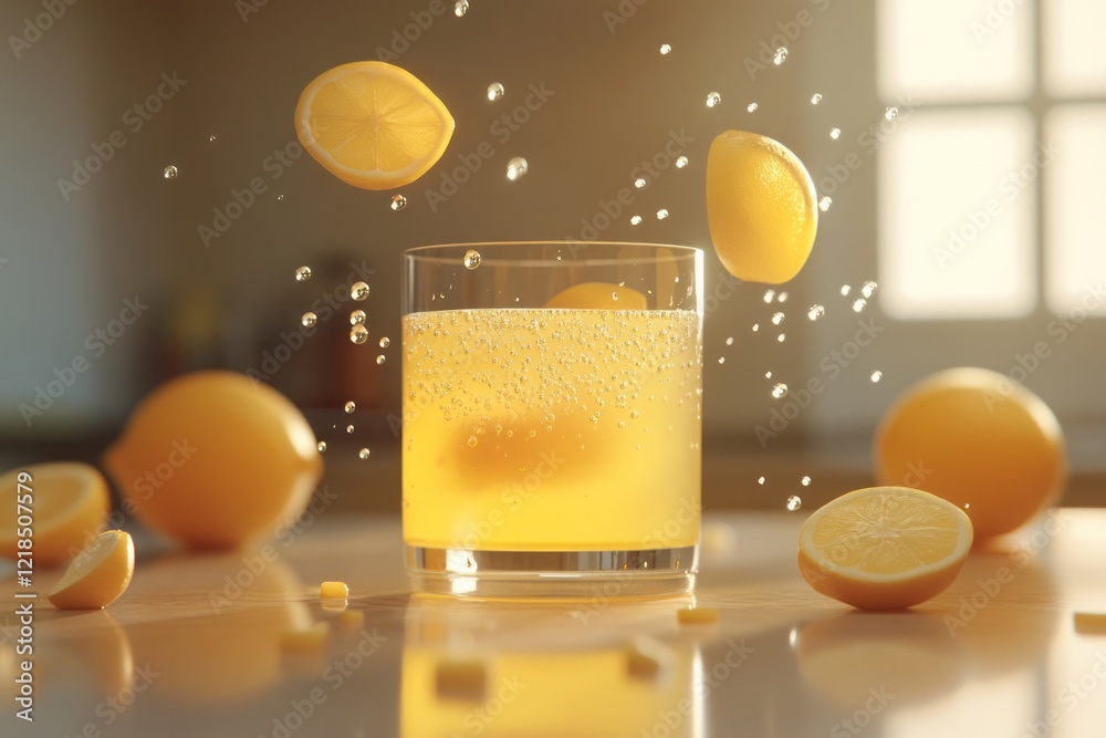 Refreshing citrus drink with fizzy bubbles and fresh lemon slices floating around in a cozy kitchen setting