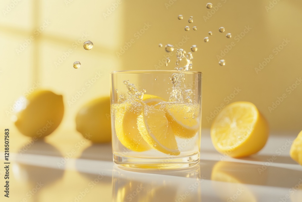 A refreshing glass of sparkling lemon water glistens in the sunlight, accompanied by vibrant lemons resting nearby on a warm surface