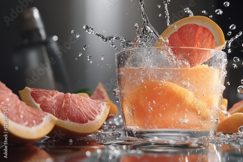 Refreshing citrus slices splash in a glass with vibrant colors during a lively summer gathering by the poolside