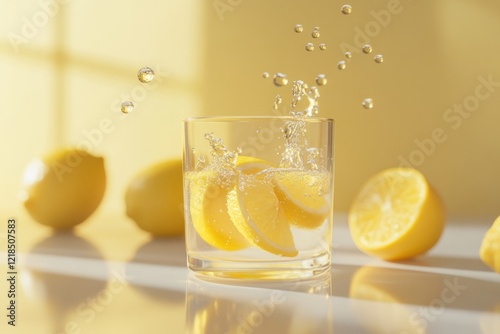 Obraz na płótnie A refreshing glass of sparkling lemon water glistens in the sunlight, accompanied by vibrant lemons resting nearby on a warm surface w salonie