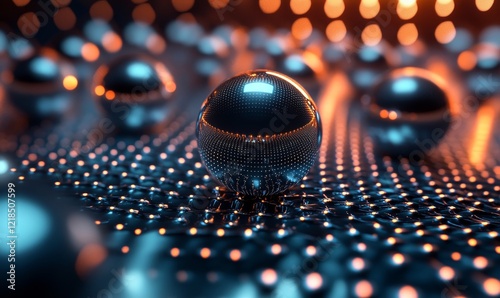 Abstract 3d rendering of spheres on a grid. Minimalistic futuristic background with depth of field. Design for poster, cover, branding, banner, placard., Generative AI