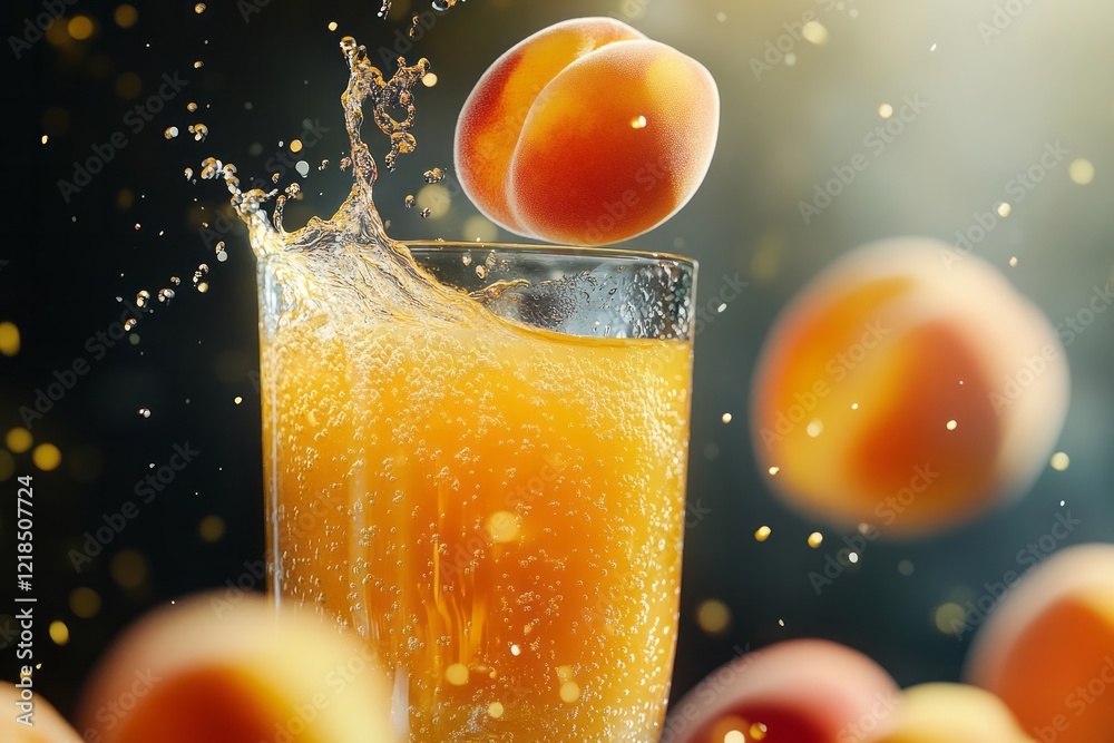 Refreshing peach juice splashes in a glass with ripe peaches scattered around in a soft-focus background during golden hour