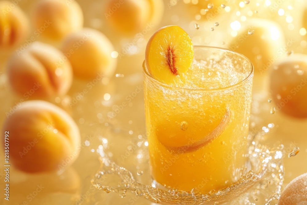 Refreshing summer drink with peach slices and sparkling bubbles on a sunny background with fresh peaches surrounding the glass