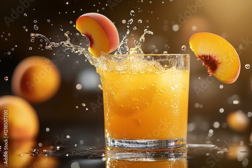 Fresh peach juice splashes into a glass while slices of peach surround the vibrant drink in a relaxed setting during late afternoon