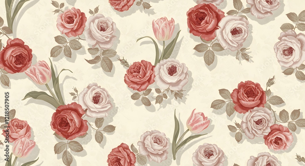 Seamless pattern of roses and tulips with subtle shadows for depth Seamless pattern of roses and tulips with subtle shadows for depth