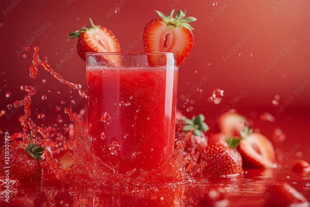 Refreshing strawberry beverage bursting with color and flavor, showcasing fresh strawberries and splashes of juice in a vibrant setting