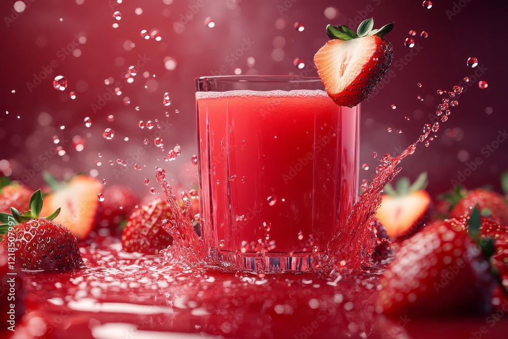 Refreshing strawberry drink splashing in a glass surrounded by fresh strawberries on a vibrant red background