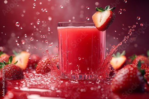 Obraz na płótnie Refreshing strawberry drink splashing in a glass surrounded by fresh strawberries on a vibrant red background w salonie