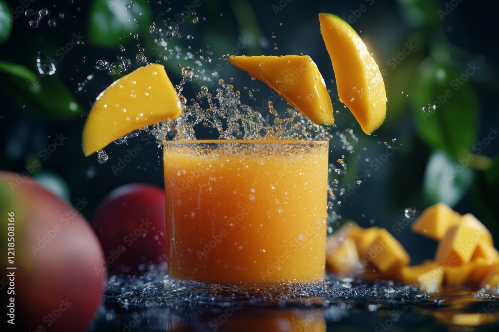 Refreshing mango smoothie splashes as fruit is added in a bright kitchen setting during the warm afternoon