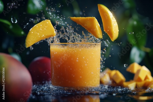Obraz na płótnie Refreshing mango smoothie splashes as fruit is added in a bright kitchen setting during the warm afternoon w salonie