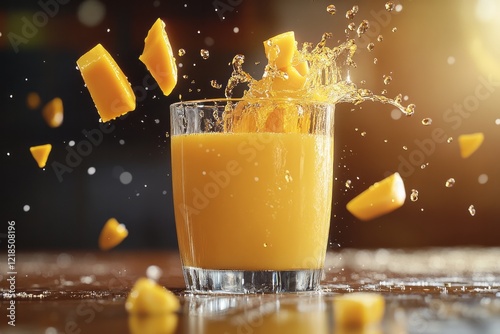 Obraz na płótnie Fresh mango juice splashes out of a glass with vibrant chunks flying in a warm indoor setting during late afternoon w salonie