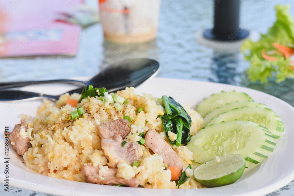 plate of fried rice (Khao Pad) served with slices of cucumber and a wedge of lime on the side.The fried rice contains pieces of meat,likely pork,along with vegetables such as carrots and green onions plate of fried rice (Khao Pad) served with slices of cucumber and a wedge of lime on the side.The fried rice contains pieces of meat,likely pork,along with vegetables such as carrots and green onions