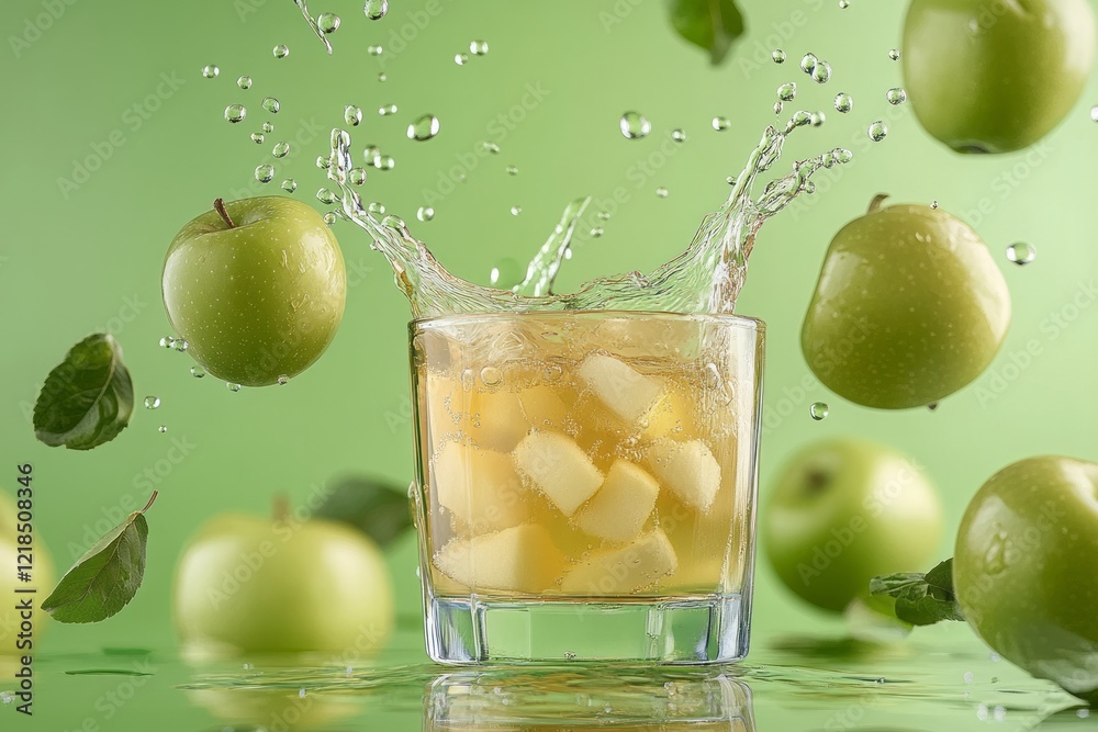 Refreshing green apple drink splashes in a glass surrounded by fresh apples and mint leaves against a vibrant green background