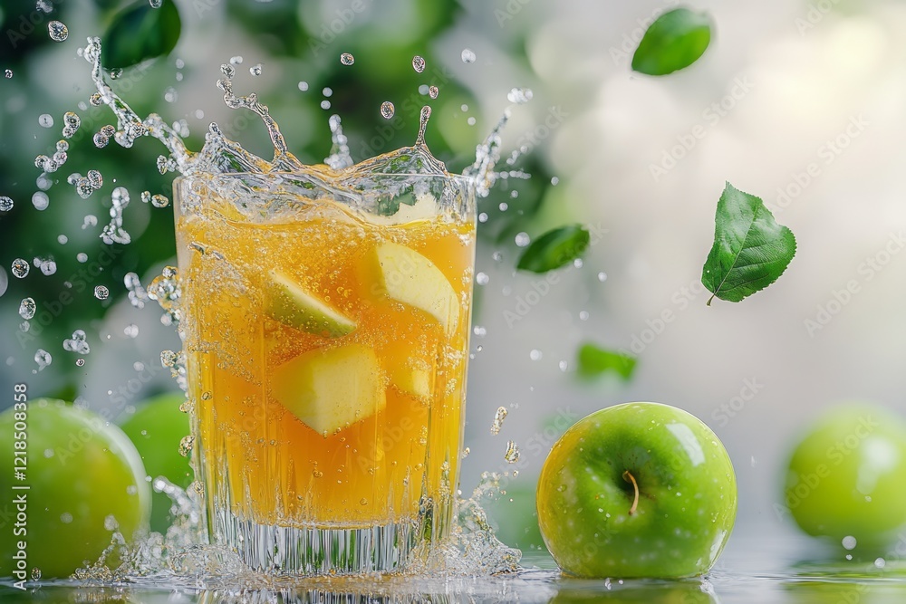 Refreshing fruit cocktail splashes in a clear glass surrounded by green apples in a vibrant setting