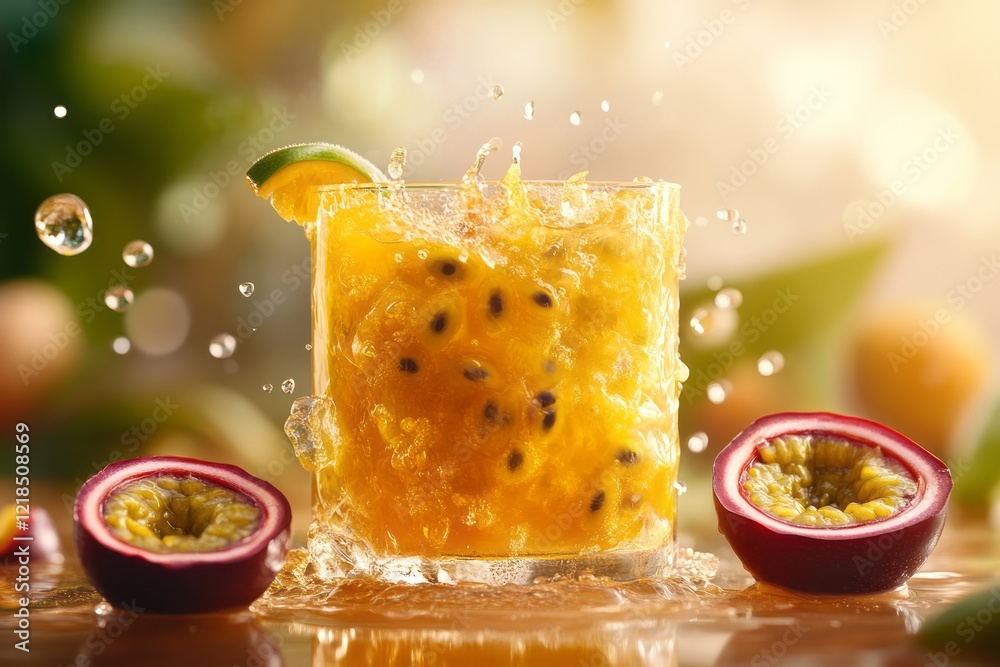 Refreshing tropical drink with passion fruit and lime served on a wooden table surrounded by exotic fruits in a bright, natural setting