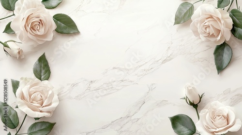 Cream roses arranged on marble background, flat lay, wedding invitation design