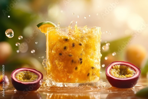 Obraz na płótnie Refreshing tropical drink with passion fruit and lime served on a wooden table surrounded by exotic fruits in a bright, natural setting w salonie