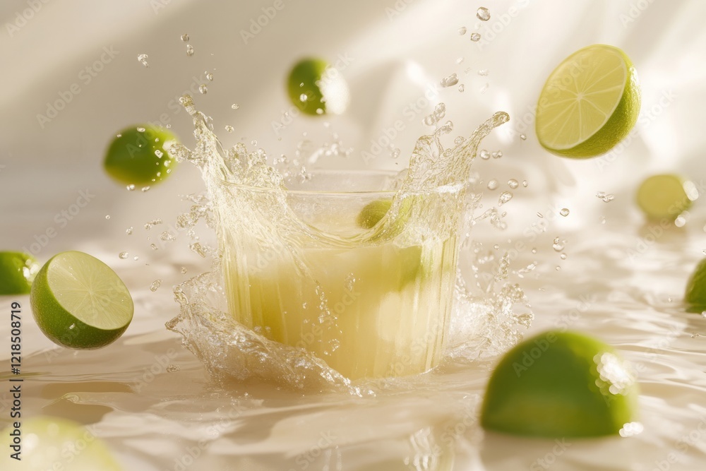 Splash of refreshing lime drink with flying citrus slices captured on a bright surface during daylight