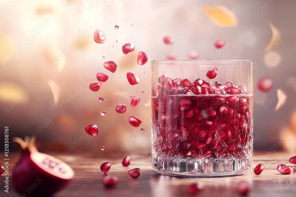 Pomegranate seeds splash into a glass, creating an artistic display of freshness and color in a vibrant setting