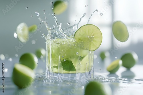 Obraz na płótnie A refreshing lime drink elegantly splashes into a glass, while vibrant green limes are artfully scattered around in a bright and cheerful setting w salonie
