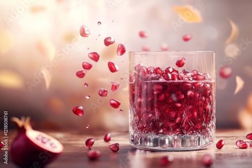 Obraz na płótnie Pomegranate seeds splash into a glass, creating an artistic display of freshness and color in a vibrant setting w salonie