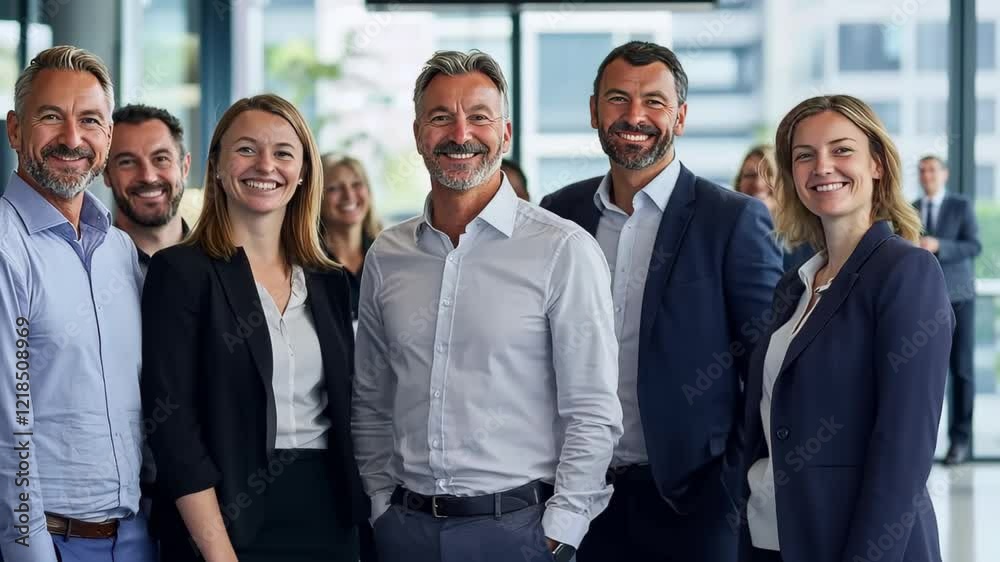 A small group of diverse business professionals, led by a confident senior leader, stands united in a modern office setting. A small group of diverse business professionals, led by a confident senior leader, stands united in a modern office setting.