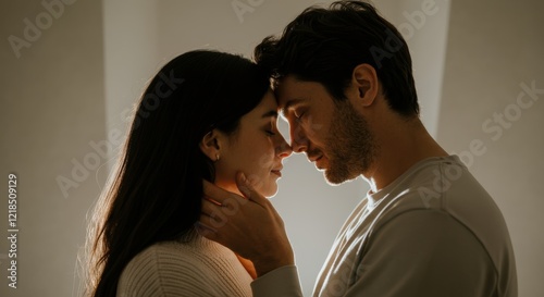 Tender moment between young caucasian male and female in intimate embrace