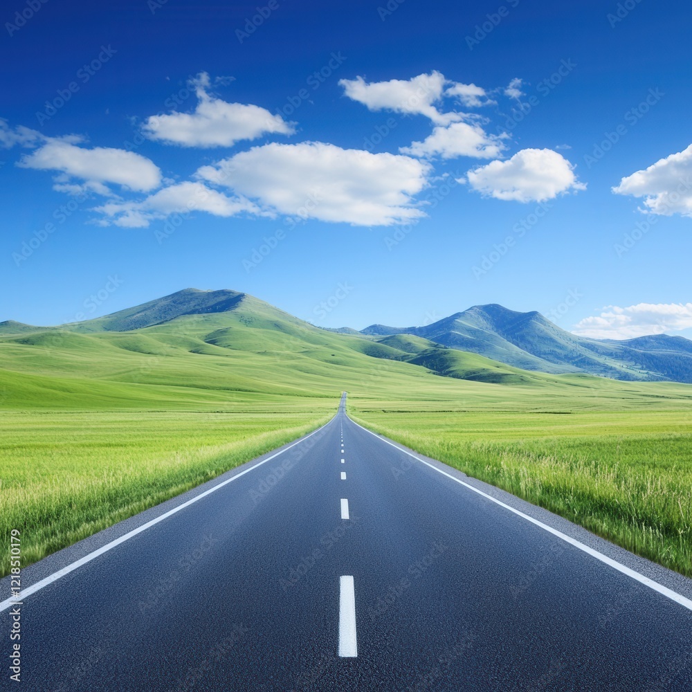 Fototapeta premium Driving through serene green hills open road landscape daytime scenic view nature