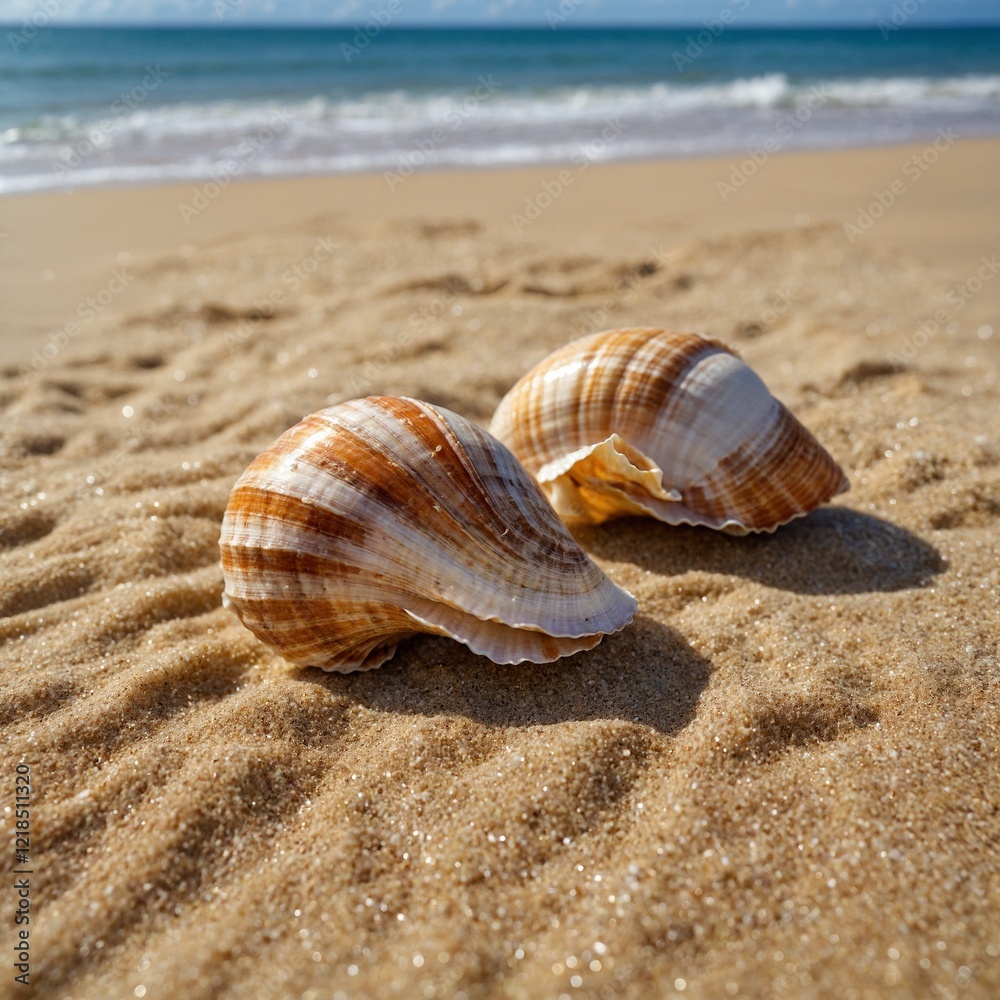 A pair of seashells resting on the golden sands of a tropical beach, side-view, with the sea blurred behind. A pair of seashells resting on the golden sands of a tropical beach, side-view, with the sea blurred behind.