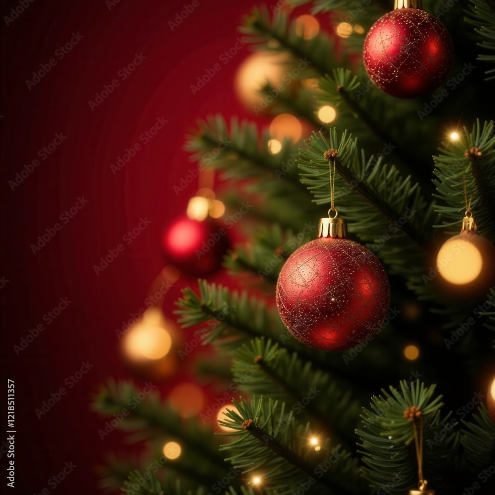 Glowing gold and red ornaments hanging on a large dark red glittering Christmas tree, christmas tree, festive lights, glowing hangings Glowing gold and red ornaments hanging on a large dark red glittering Christmas tree, christmas tree, festive lights, glowing hangings