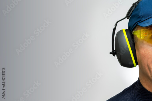 A man wearing  headphone against grey wall with place for text. Noise protection concept.