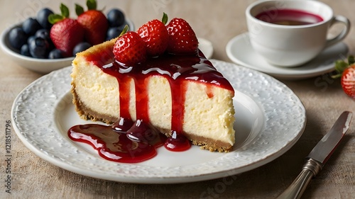 A classic New York cheesecake topped with fresh strawberries and a drizzle of berry sauce. 