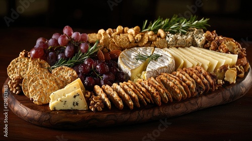Gourmet cheese and cracker platter with grapes, nuts, and rosemary on a wooden board photo