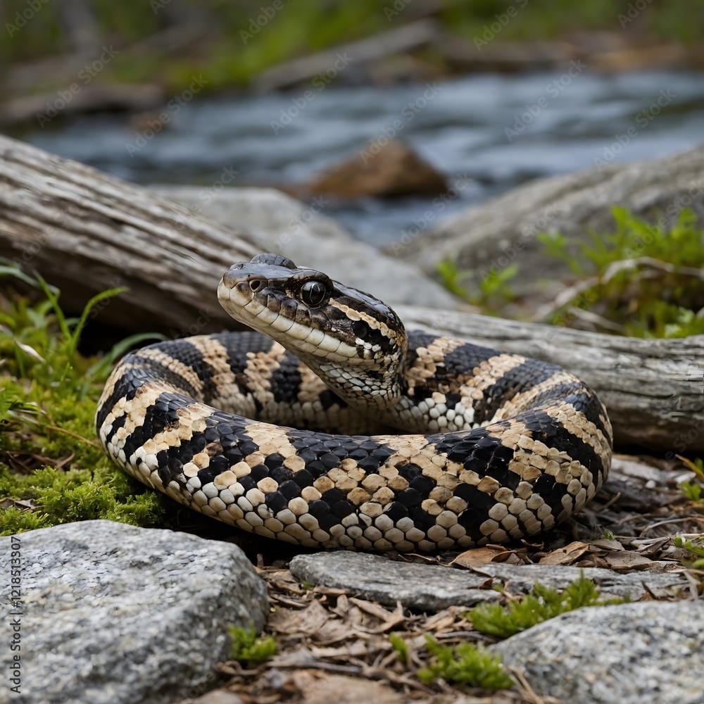Fototapeta premium Hidden Eastern Massasauga: A Stealthy Snake in Ambush Among Natural Terrain