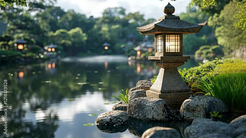 Serene garden landscape featuring a traditional lantern beside a tranquil lake at dawn in a lush setting Serene garden landscape featuring a traditional lantern beside a tranquil lake at dawn in a lush setting