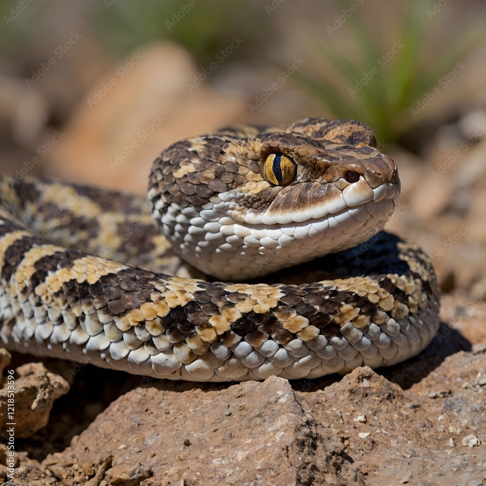 Horned Viper on Wet Surface During Rain Shower, Droplets Collecting on Its Scales Horned Viper on Wet Surface During Rain Shower, Droplets Collecting on Its Scales