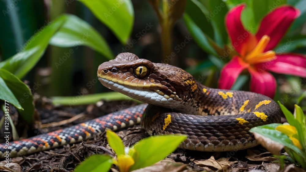 Hidden Beauty: Bothrops Snake Blending with Vibrant Tropical Flowers in the Wild Hidden Beauty: Bothrops Snake Blending with Vibrant Tropical Flowers in the Wild