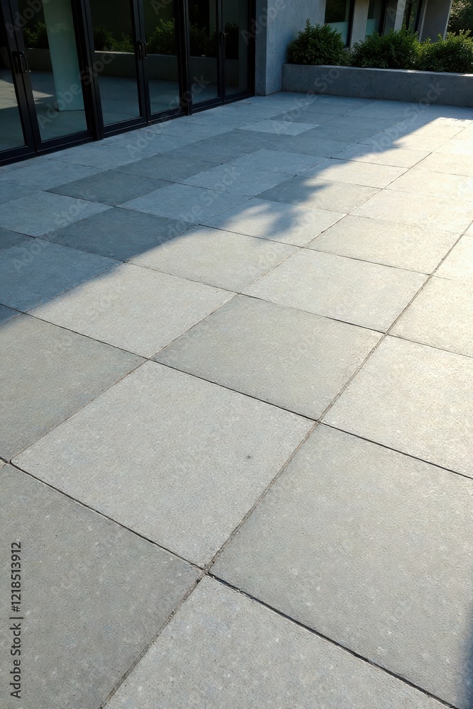 Fototapeta premium Sunlit Patio with Large Square Paving Stones and Modern Building in Background