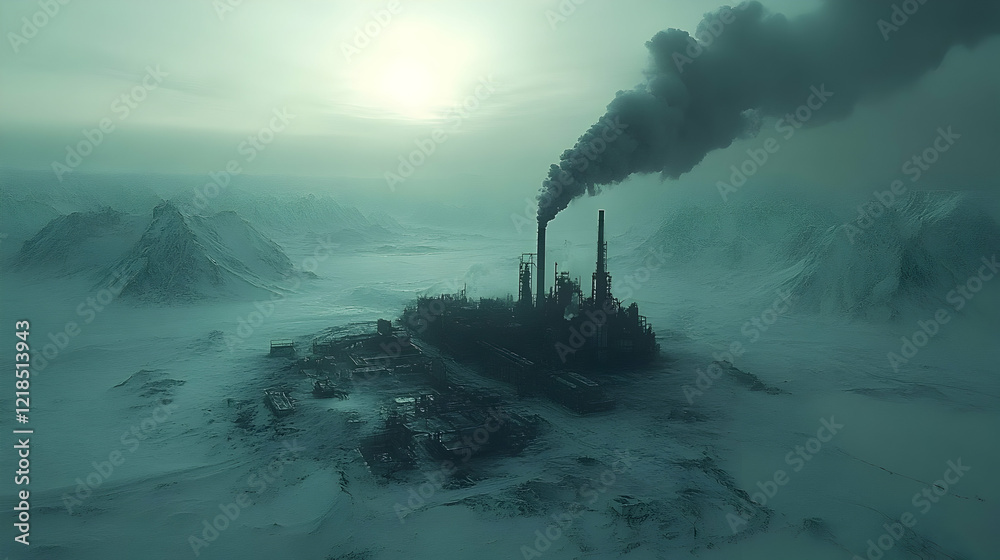 Fototapeta premium Arctic factory pollution, snowy mountains