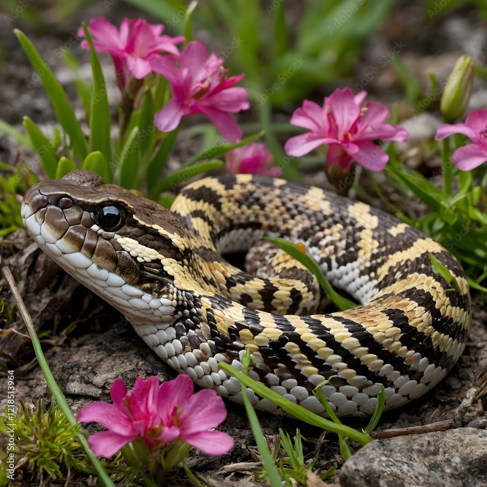 Fototapeta premium Eastern Massasauga Amidst Spring Blooms: A Serene Moment in Nature's Beauty