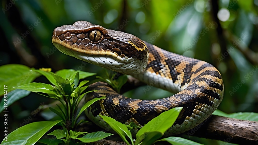 Bothrops Snake Coiled Gracefully on Tree Branch Amidst Rainforest Foliage Bothrops Snake Coiled Gracefully on Tree Branch Amidst Rainforest Foliage