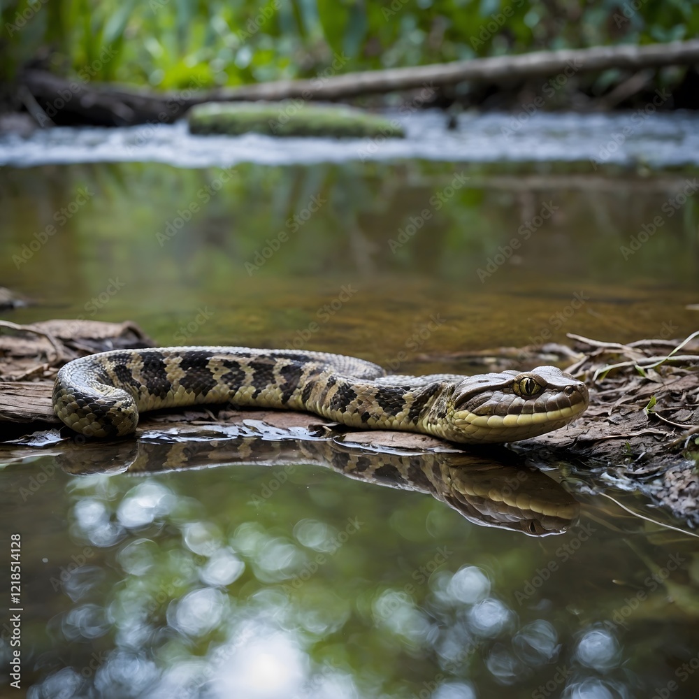Serene Moment: Bothrops Snake Resting by Stream, Reflections on Calm Water Serene Moment: Bothrops Snake Resting by Stream, Reflections on Calm Water