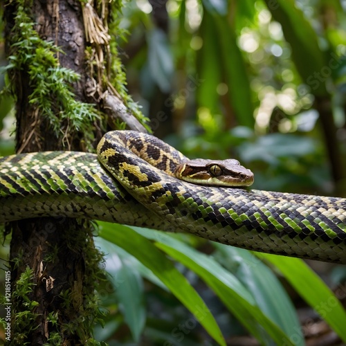 Hidden Among the Leaves: Bothrops Snake Resting on Tree Branch in Lush Rainforest photo