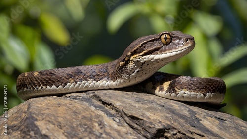 Serene Sunbath: Bothrops Snake Relaxing on a Rock in its Natural Habitat photo