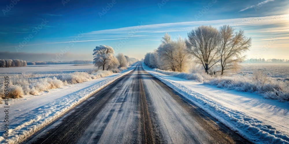 Snowy road with no cars in the middle of winter, frosty road , barren landscape Snowy road with no cars in the middle of winter, frosty road , barren landscape