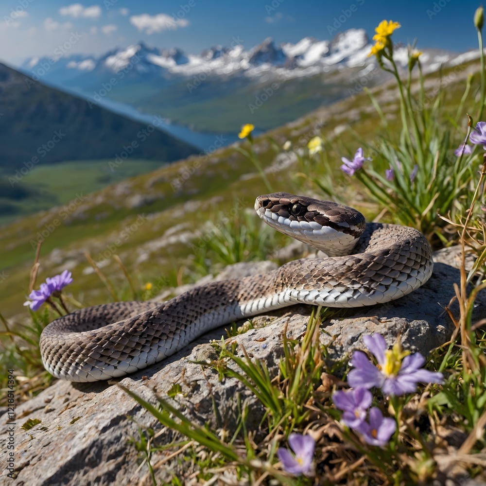 Fototapeta premium Darevsky's Viper Resting Among Rocky Outcrops in Alpine Terrain
